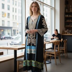 Black Blue Floral Embroidered Maxi Tunic Dress Scalloped Hem Lace Trim Sheer L